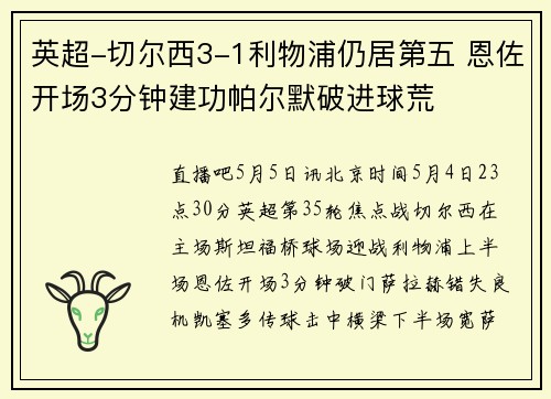 英超-切尔西3-1利物浦仍居第五 恩佐开场3分钟建功帕尔默破进球荒